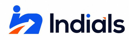The logo for 'Indials' is centered on a plain white background. The logo features a stylized blue 'in' symbol with a small orange accent, followed by the word 'Indials' in dark navy blue.